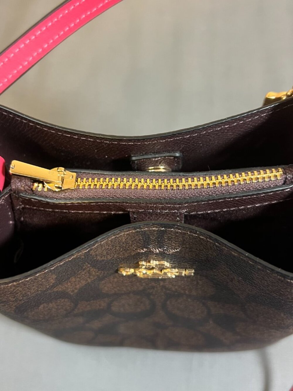 Coach Mini Crossbody Bag - Brown Signature Canvas and Hot Pink Leather - Like Ne - Picture 3 of 6